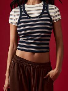 MISSGUIDED Atasan Tank Top Bergaris Dua Lapis dengan Motif Garis-garis, Model Crop Vest Pas Badan, Atasan Musim Panas Tanpa Lengan, Model Slim Fit, Atasan Dasar Esensial untuk Berlapisan - MultiWarna - View 5