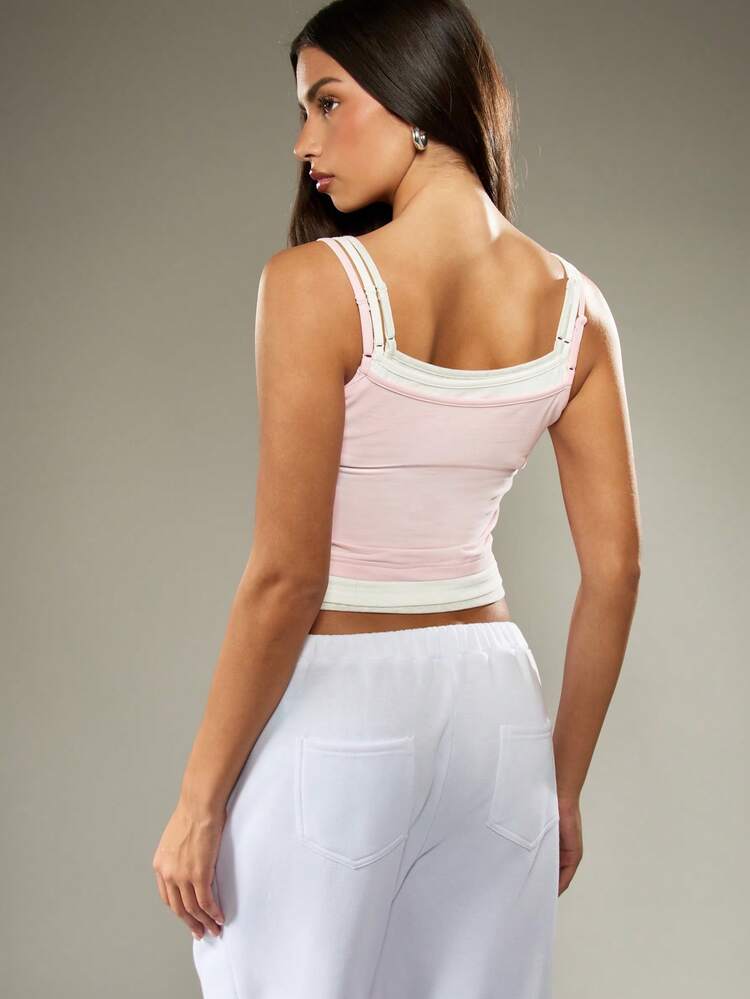 MISSGUIDED Canotta casual a tre strati con bordi a contrasto, top estivo senza maniche in cotone, rosa e bianco, corto