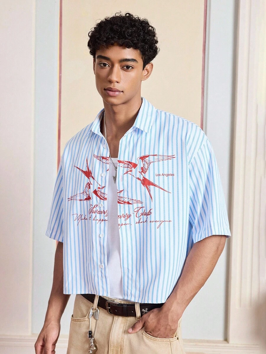 SWAVVY Áo sơ mi nam tay ngắn dệt họa tiết sọc dọc thoải mái, phù hợp cho mùa hè - Màu xanh lam - Xem 1