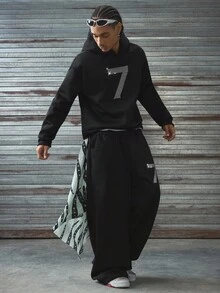 AXEPEAK 男士秋季水钻数字印花连帽衫和运动裤休闲宽松西装套装，适合秋冬 - 黑色 - 查看 4