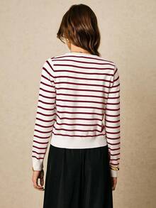 Poéselle 女士条纹印花圆领吊带背心和纽扣前长袖开衫套装秋冬 - 酒紅色 - 查看 4