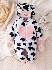 女婴法兰绒奶牛印花爱心连帽连体衣，撞色袖口和脚部设计，可爱奶牛耳朵造型，秋冬季睡衣连体衣，6个月-3岁 - 黑與白 - 查看 7