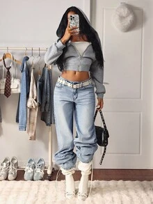 SHEIN Tall Women's Pocket Design Loose Casual Versatile Jeans - Light Wash - View 6