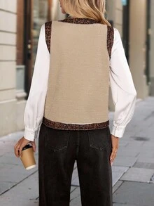 SHEIN Unity Women's Fashion Commuter Bestseller Leopard Print Patchwork Contrast Color V-Neck Button Top Jacket, Elegant American Retro Style Vacation Casual Wear, Spring Autumn Winter New