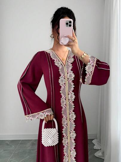 Rafferiza 女士宽松V领荷叶边长袖长袍，土耳其长袍，阿拉伯长袍