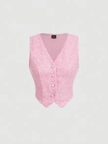 SHEIN MOD Pink Vest Top, Straight Leg Pants, Ladies Elegant Suit Set, Trim Women's Suit Set, Blazer Jacket And Pants, Early Autumn Outfit Back To School Preppy Tops 2pcs Set Pants Old Money Style - Baby Pink - View 3