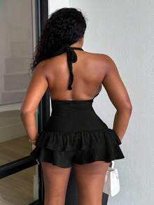 Alexandranx Summer Sexy Lace-Up Ruffle Back Halter Bodycon Romper - Black - View 2