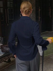 DAZY 女款素色收腰長袖休閒復古優雅襯衫，秋季商務休閒女式襯衫校園風 - 藏蓝色 - 查看 2