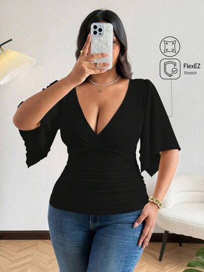 Vionelle Elegant Sexy Cross V-Neck Short Sleeve T-Shirt For Women, Summer, With Design, Sexy, Waist Trimming, Niche, Cropped Sleeve Tee