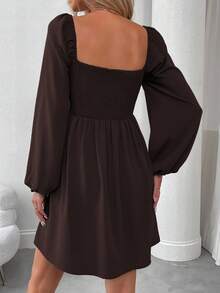 EMERY ROSE Vestido mini de mujer de unicolor con cuello cuadrado, mangas farol y drapeado de moda - Marrón Chocolate - Ver 2