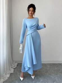 Elenzga Vestido de manga larga con cuello redondo, cintura fruncida y bajo con abertura, elegante y casual para vacaciones, primavera/otoño