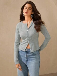 Wildy Fall Winter Top Basic Ribbed Front-Button T-Shirt New Year Going Out Chic Ribbed Top For Women - Grey - View 2