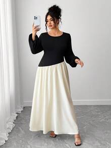 Elenzga Plus Size Elegant Color Block Lantern Sleeve Swing Dress, Autumn Fall Cloth For Women - Multicolor - View 5