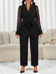 SHEIN Lady Women's Solid Color Mesh Patchwork Sheer Pocket Long Sleeve Blazer And Pants Suit Set In Fall/Winter - Black - View 5