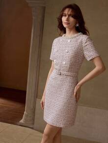 MOTF PREMIUM TWEED FAUX PEARL TRIM DRESS - Pink - View 6