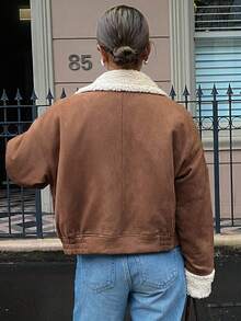 DAZY 女士宽松休闲厚羊毛拼布领夹棉大衣，秋冬夹克 - 棕色 - 查看 2