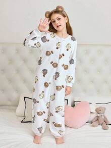 女童卡通熊印花毛绒睡衣 - 彩色 - 查看 5