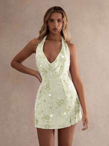 Glamine Sexy Sequined Backless Halter Mini Dress, Summer Fall Women Clothes Back To School