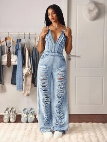 SHEIN Tall Sexy Denim Jumpsuit And Romper, Suitable For Women's Outings And Parties - Light Wash - View 1