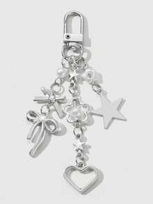 ROMWE Kawaii 1 件 Y2K 极简主义高端银蝴蝶仿珍珠镂空心形星形编织蝴蝶结 DIY 钥匙扣包饰，适合女士/女孩日常佩戴，节日礼物 - 銀白色 - 查看 9