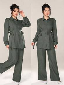 Graceveil Women 2pcs Set Front Button Long Sleeve Casual Blouse And Trousers 2 Pieces Set Modest - Green - View 2