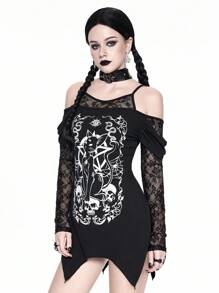 ROMWE Váy ngắn tay dài in hình đầu lâu mèo Gothic, viền bất đối xứng, dây trễ vai, ren tương phản, màu đen, phong cách Halloween - màu đen - Xem 4