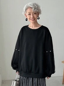 FRIFUL 女士圆领珍珠纽扣装饰灯笼袖宽松网眼拼接袖加厚纯色运动衫，万圣节服装秋冬 - 黑色 - 查看 2