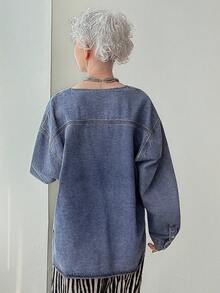 FRIFUL 女士休闲水洗落肩宽松牛仔衬衫 女士牛仔上衣 牛仔上衣 宽松衬衫 长袖牛仔上衣 - 藍色 - 查看 5