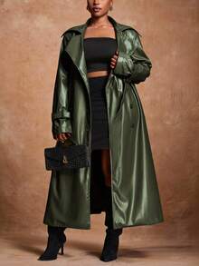 Slaydiva Autumn/Winter New Arrivals, Suitable For Easter, Western, Beach, Bohemian, Boho, Festival, Vintage, Country Music, Outdoor, Fairy, Holiday, Airport, Western, Tropical Vacation Styles, Spring/Summer Green Trench Coat Plus Size Trench Coat Faux Leather Trench Coat Women Trench Coat Long Green Coat Fall - Green - View 7