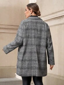 Chikora 大码灰色格子大衣，休闲商务通勤格纹夹克，秋冬季，灰色格子大衣，灰色大衣，秋冬保暖外套，女士长款外套，休闲工作日常穿着，灰色外套，保暖外套，女士冬季服装，女士秋季服装，圣诞节服装，新年服装 - 黑與白 - 查看 2