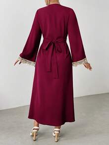 Rafferiza Women's Loose V-Neck Ruffle Long Sleeve Robe, Turkish Long Robe, Arabic Abaya Fall Cloth For Women - Burgundy - View 2