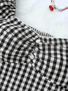 SHEIN Tween Girl Casual Minimalist Comfortable Plaid Back Strap Shirt Blouses For Girls Girls Babydoll Top Girls Checkered Top Shirts For Tween Girls Black And White - Black and White - View 4