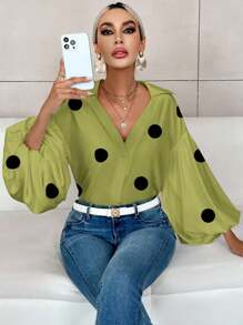 Firerie 女士优雅度假及职场时尚灯笼袖纽扣V领波点印花衬衫，适合夏季春季海滩度假等休闲场合。 - 綠色 - 查看 5