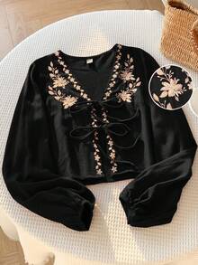 Comfortcana Casual Vacation Style V-Neck Front Tie Floral Embroidery Long Sleeve Cropped Shirt, Spring/Autumn,Black Tops Black Blouses Boho Blouses Lantern Sleeve Blouse, Christmas