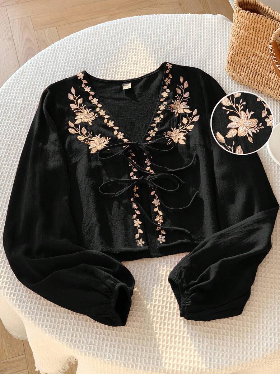 Comfortcana Casual Vacation Style V-Neck Front Tie Floral Embroidery Long Sleeve Cropped Shirt, Spring/Autumn,Black Tops Black Blouses Boho Blouses Lantern Sleeve Blouse, Christmas
