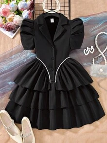 1pc Tween Girls European Princess Style White Elegant Ruffled Short Sleeve Cake Dress, Spring & Summer - Black - View 1