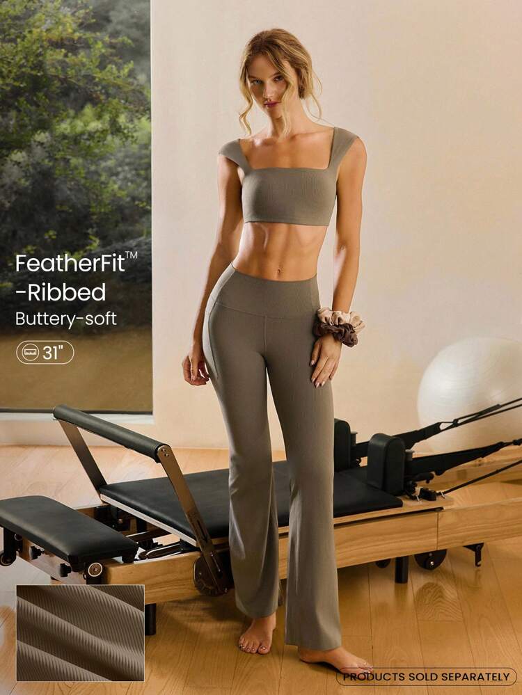 Legginsy FeatherFit™ z prążkowanymi nogawkami i ultrawysokim stanem, bez szwów z przodu, 31 cali, z kieszeniami bocznymi, do jogi i pilatesu o niskim wpływie, codzienne, codzienne ubranie