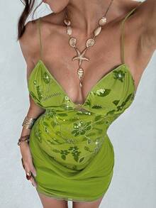 Aloruh Đầm hai dây cổ khoét sâu phối lưới lấp lánh gợi cảm mới, kèm quần short, váy ngắn chống nhấp nháy - màu xanh lá - Xem 6