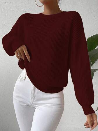 EMERY ROSE Women's Casual Loose Fit Solid Color Round Neck Drop Shoulder Long Sleeve Pullover Sweater, Autumn Fall Winter Cloth For Women