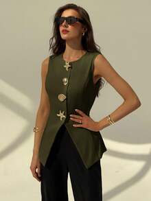 Aloruh Sleeveless Round Neck Minimalist Office Commute Blazer Jacket For Women With Metal Decor In Fall/Winter - Army Green - View 7