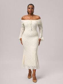 SHEIN Tall CURVE Damen Große Größen Off-Shoulder Langarm Bodycon Kleid mit Vorderbindung, Silvester Kleid für Frauen - Beige - Übersicht 4