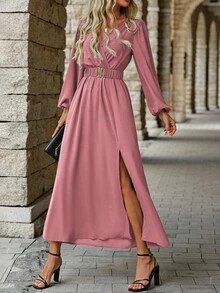 EMERY ROSE Women's Casual Solid Color Surplice Neck Lantern Sleeve Elastic Waist High Slit Dress, Spring/Autumn - Dusty Pink - View 3