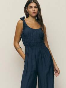 Nöista Bộ đồ liền thân ống rộng xếp ly màu trơn đơn giản mùa hè dành cho nữ - Màu xanh hải quân - Xem 2