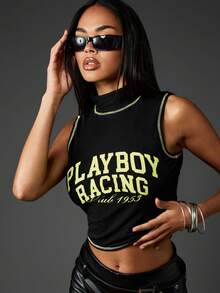 Missguided x Playboy Baumwoll-Rennrad-Tanktop mit Stehkragen und Kontraststreifen in Limette - Schwarz - Übersicht 5