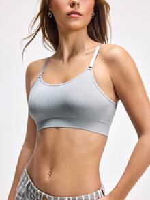 LOUNGEISTA Ribbed Seamless Padded Comfortable Invisible Backless Push Up Shockproof Sports Bra For Workout, Workout Bra - Grey - View 6