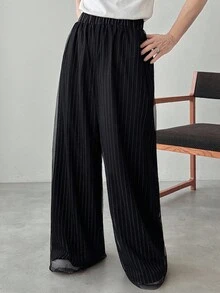 FRIFUL 女士松紧腰条纹阔腿宽松休闲裤 - 灰色 - 查看 1