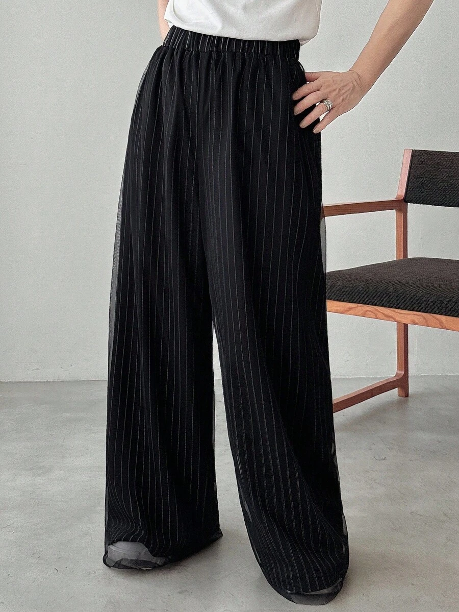 FRIFUL 女士松紧腰条纹阔腿宽松休闲裤 - 灰色 - 查看 1