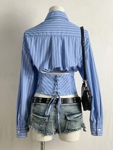 SHEIN EZwear Work/Office Back To School Fall Clothes Blue Striped Woven Women's Long Sleeve Shirt Blue And White Striped Shirt - Blue and White - View 2