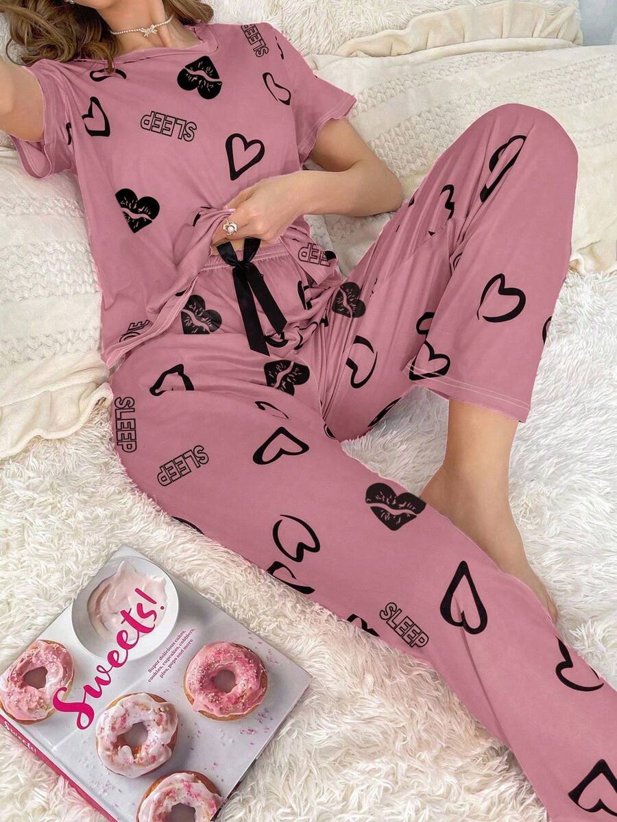 女士心形印花圆领短袖上衣和长裤睡衣套装女士睡衣套装心形睡衣套装舒适睡衣套装2件套睡衣套装可爱睡衣套装 - 彩色 - 查看 1