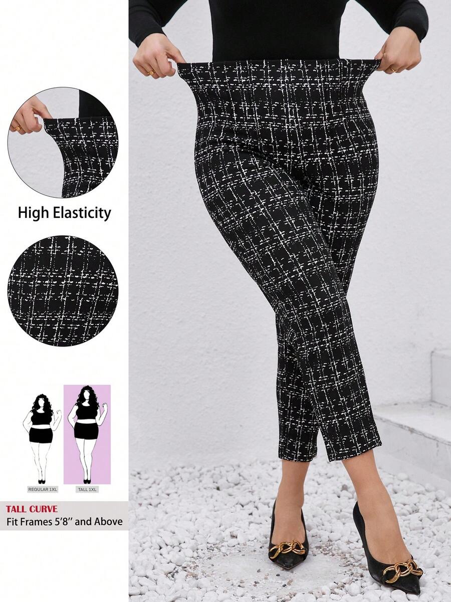 SHEIN Tall CURVE Plus Size High Waist Elastic Plaid Simple Slim Fit Casual Pants,Office Outfits For Women - Black - View 1